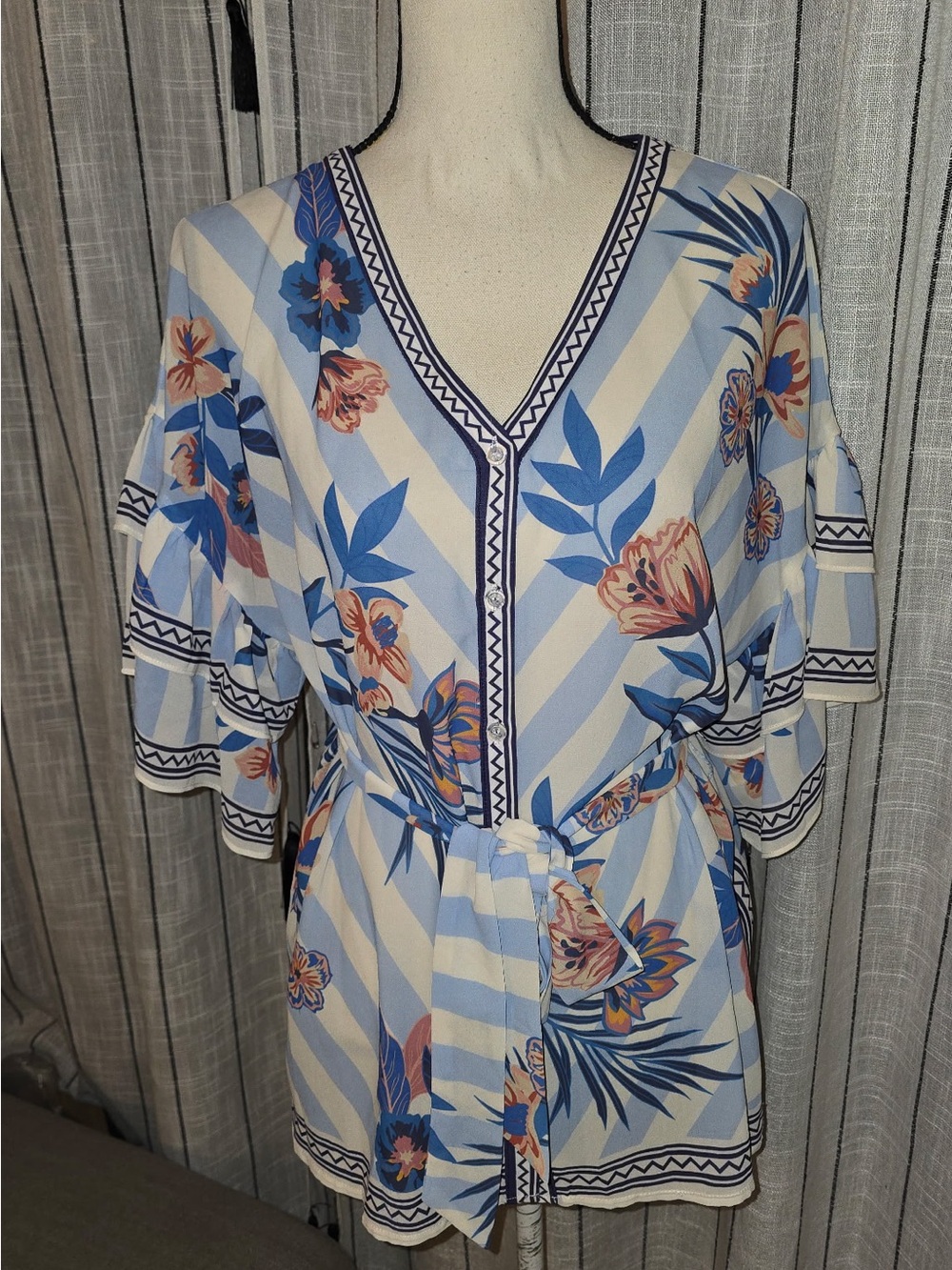 Jealous Tomato Light Blue and White Floral V-Neck Blouse with Navy Trim